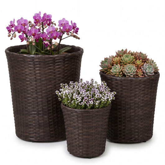 Set of 3 Plastic Planters with Drainage Holes and Saucers for Porch and Garden-Brown W2B