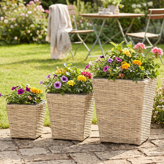 3-Piece Rattan Planter Box Kit with Removable Plastic Liners - Natural W2B