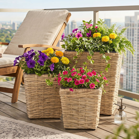 3-Piece Rattan Planter Box Kit with Removable Plastic Liners - Natural W2B