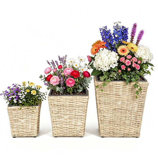 3-Piece Rattan Planter Box Kit with Removable Plastic Liners - Natural W2B