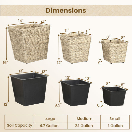 3-Piece Rattan Planter Box Kit with Removable Plastic Liners - Natural W2B