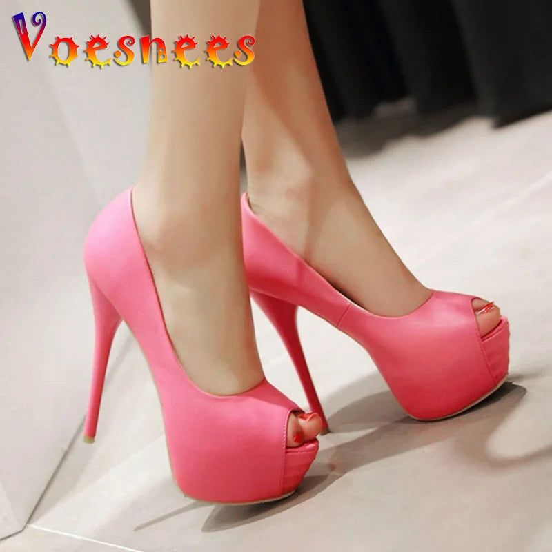2022 Spring New Super High Heel Fish Mouth Single Shoes Waterproof Platform Comfortable Women's Thin Heel Model Walk Show Pumps Pi-Mart