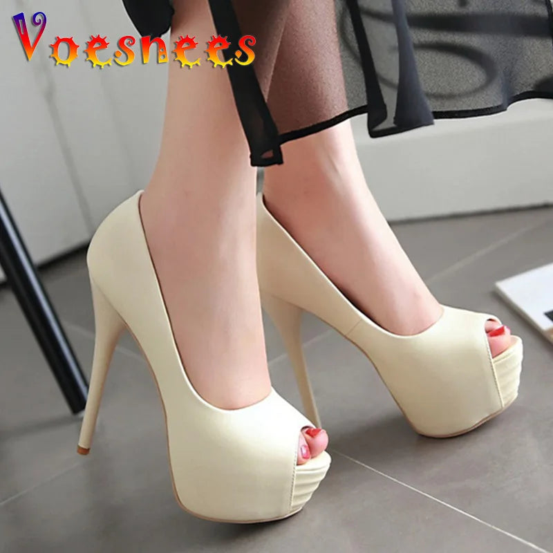 2022 Spring New Super High Heel Fish Mouth Single Shoes Waterproof Platform Comfortable Women's Thin Heel Model Walk Show Pumps Pi-Mart