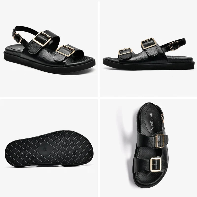 BeauToday Casual Sandals Women Genuine Leather Metal Ankle Buckle Strap Summer Beach Ladies Low Heel Sport Shoes Handmade 38128 LadyShow.Store