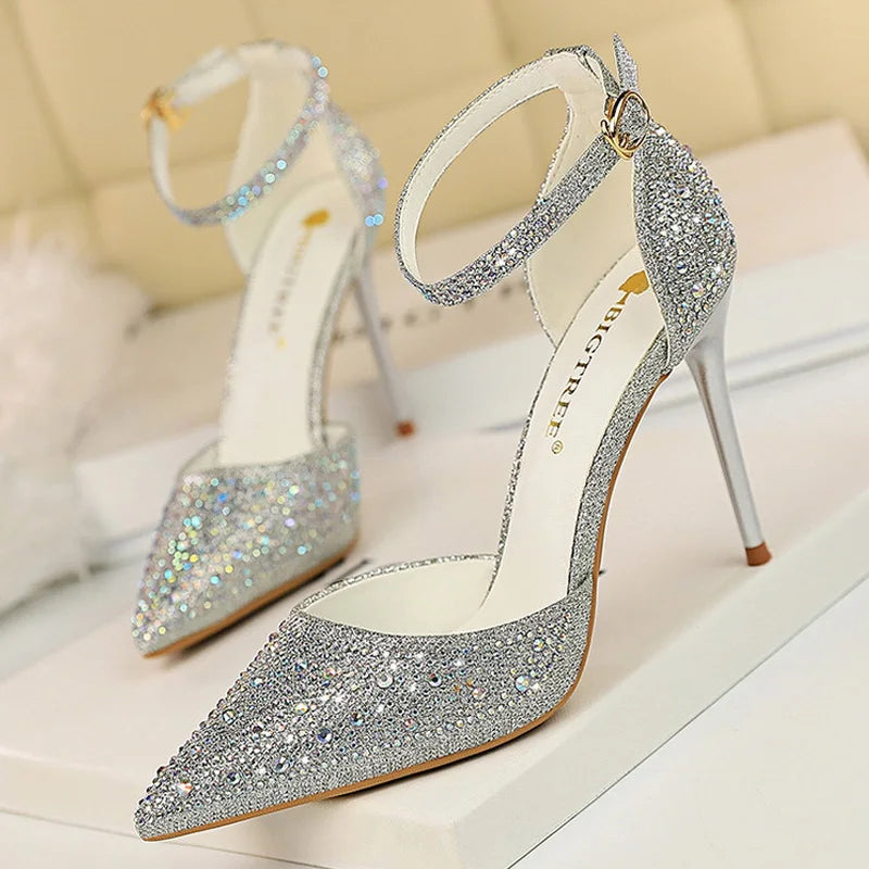 BIGTREE Shoes Shiny Rhinestones High Heels Ladies Shoes Women Pumps Stiletto Sweet Women Heels Wedding Shoes Women Sandals 10 Cm Pi-Mart