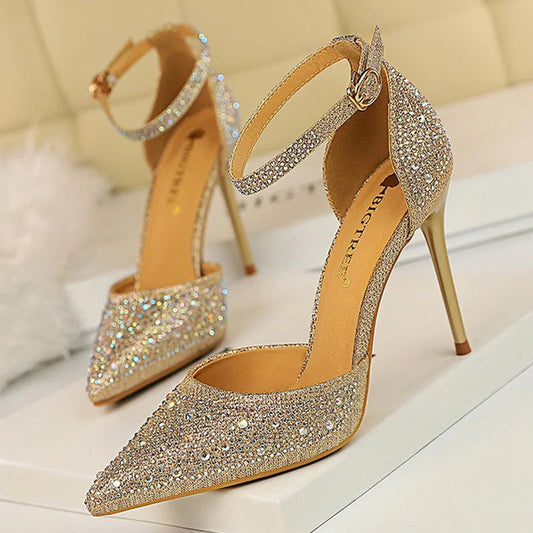 BIGTREE Shoes Shiny Rhinestones High Heels Ladies Shoes Women Pumps Stiletto Sweet Women Heels Wedding Shoes Women Sandals 10 Cm Pi-Mart