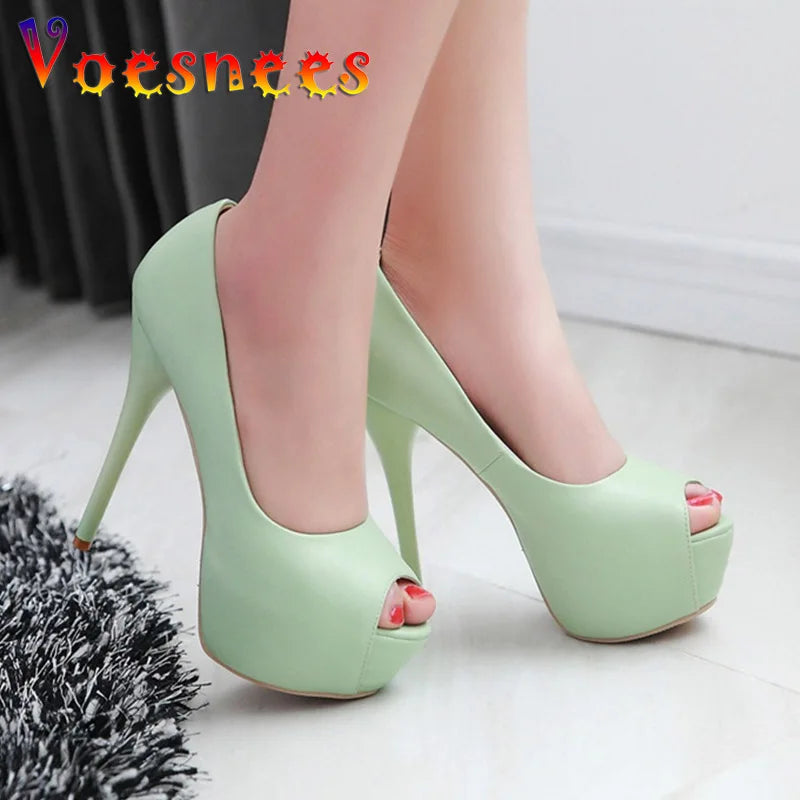 2022 Spring New Super High Heel Fish Mouth Single Shoes Waterproof Platform Comfortable Women's Thin Heel Model Walk Show Pumps Pi-Mart