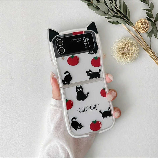 Cute Tomato Cat Phone Case with Ears for Samsung Galaxy Z Flip 3 4 5 6 - Fun Shockproof Protective Cover for Cat Lovers W2B
