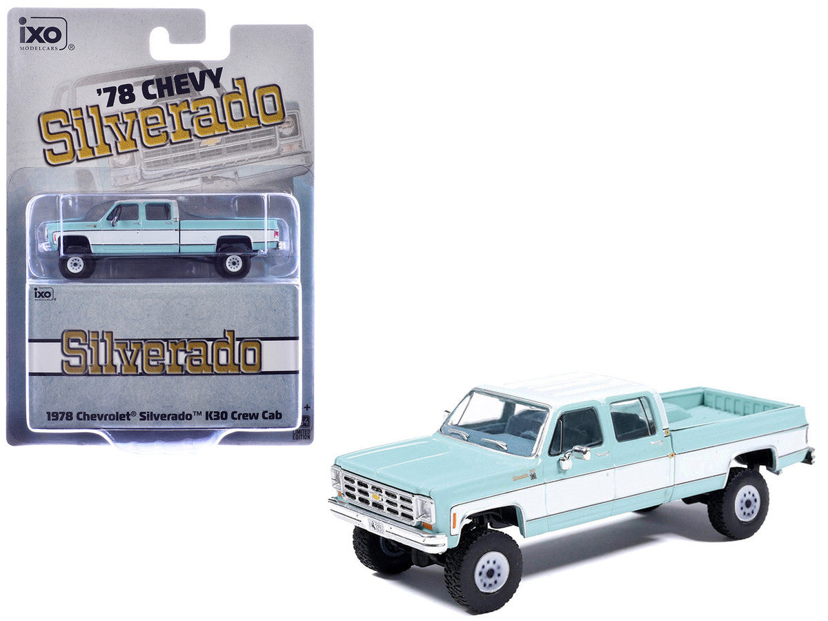 1978 Chevrolet Silverado K30 Crew Cab Pickup Truck Light Blue and White with Blue Interior 1/64 Diecast Model by IXO Models IXO
