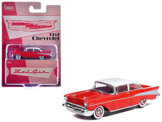 1957 Chevrolet Bel Air Red with White Top and Red Interior 1/64 Diecast Model by IXO Models IXO