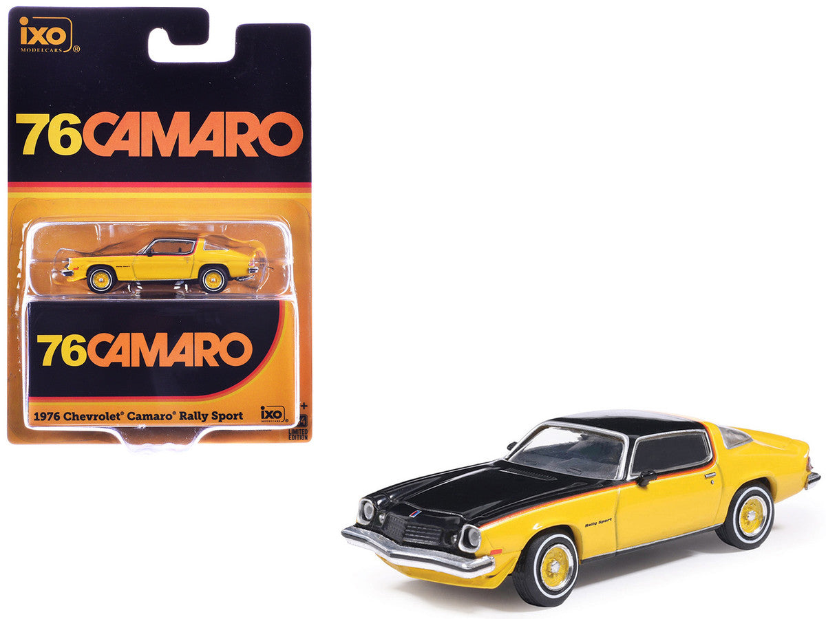 1976 Chevrolet Camaro Rally Sport Black and Yellow with Red Stripes 1/64 Diecast Model Car by IXO Models Greenlight