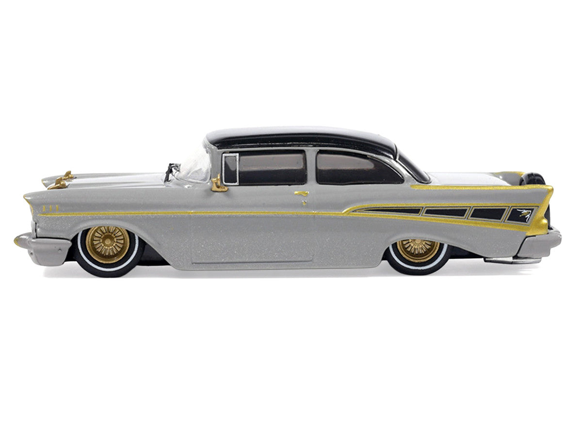 1957 Chevrolet Bel Air Lowrider Gray with Black Top and Gold Accents 1/64 Diecast Model Car by IXO Models IXO