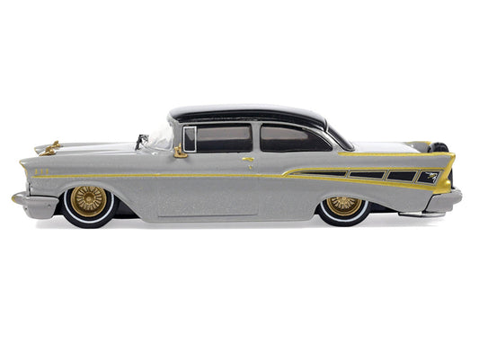 1957 Chevrolet Bel Air Lowrider Gray with Black Top and Gold Accents 1/64 Diecast Model Car by IXO Models IXO