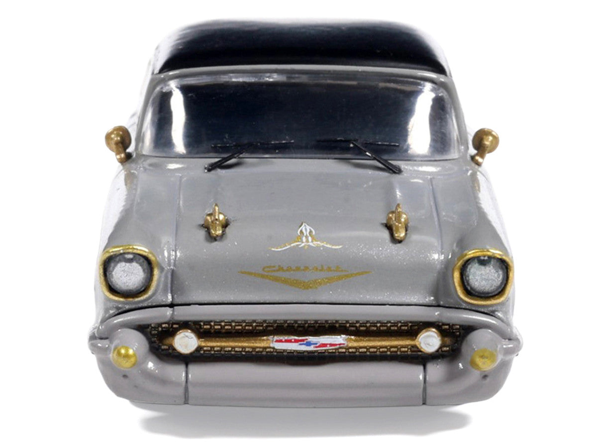 1957 Chevrolet Bel Air Lowrider Gray with Black Top and Gold Accents 1/64 Diecast Model Car by IXO Models IXO