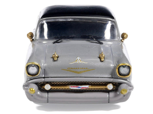 1957 Chevrolet Bel Air Lowrider Gray with Black Top and Gold Accents 1/64 Diecast Model Car by IXO Models IXO
