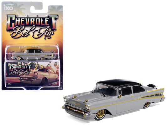1957 Chevrolet Bel Air Lowrider Gray with Black Top and Gold Accents 1/64 Diecast Model Car by IXO Models IXO