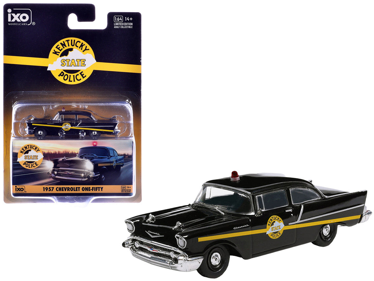 1957 Chevrolet One-Fifty Police Car "Kentucky State Police" Black with Yellow Stripes 1/64 Diecast Model Car by IXO Models IXO
