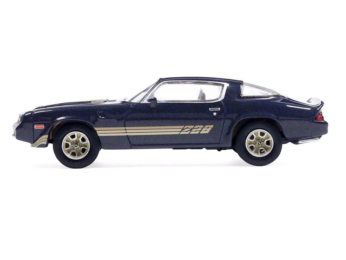 1981 Chevrolet Camaro Z28 Dark Blue Metallic with Gold Stripes and Interior 1/64 Diecast Model Car by IXO Models IXO