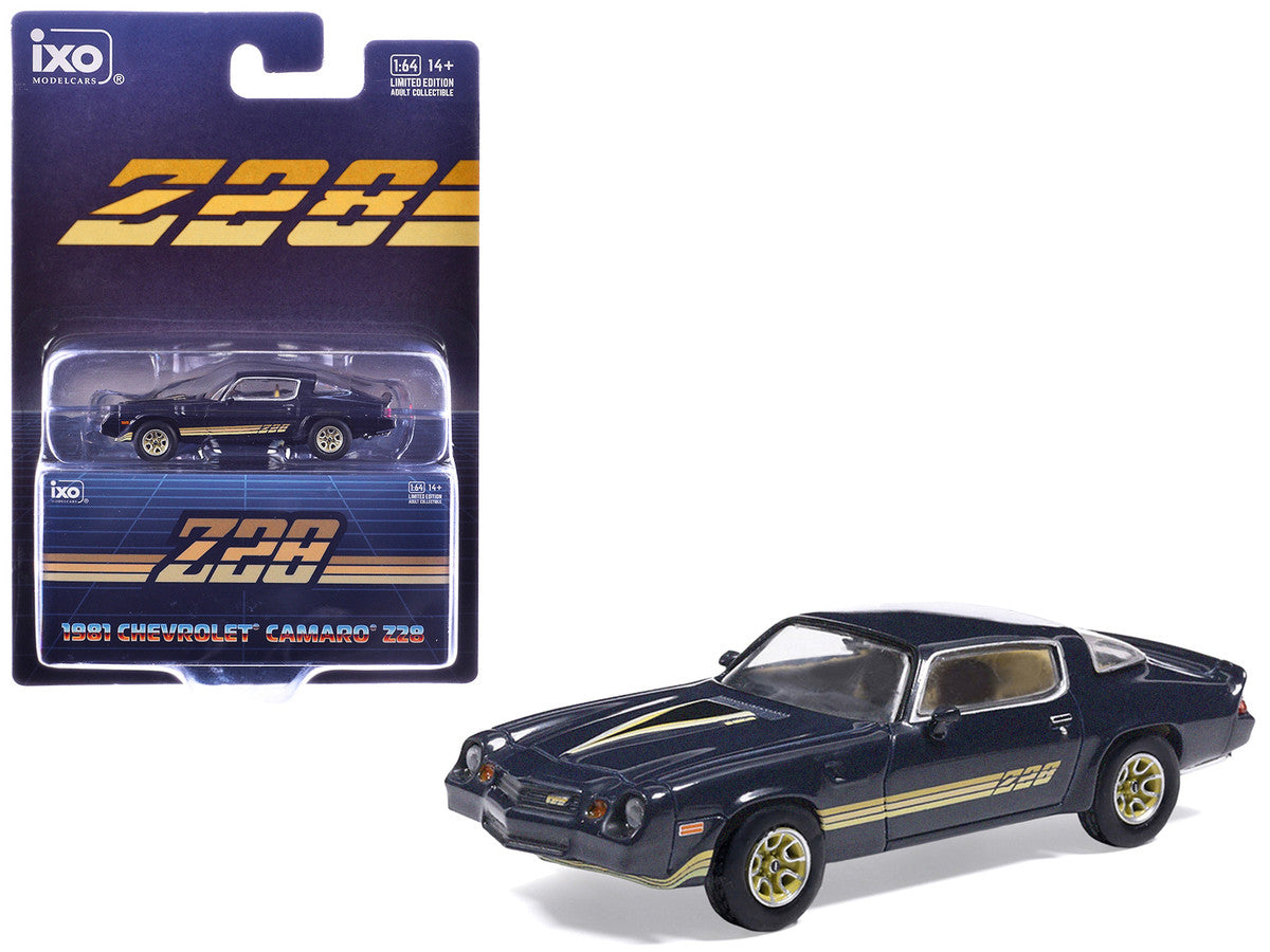 1981 Chevrolet Camaro Z28 Dark Blue Metallic with Gold Stripes and Interior 1/64 Diecast Model Car by IXO Models IXO