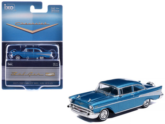 1957 Chevrolet Bel Air Sedan Harbor Blue Metallic with Blue Interior 1/64 Diecast Model Car by IXO Models IXO