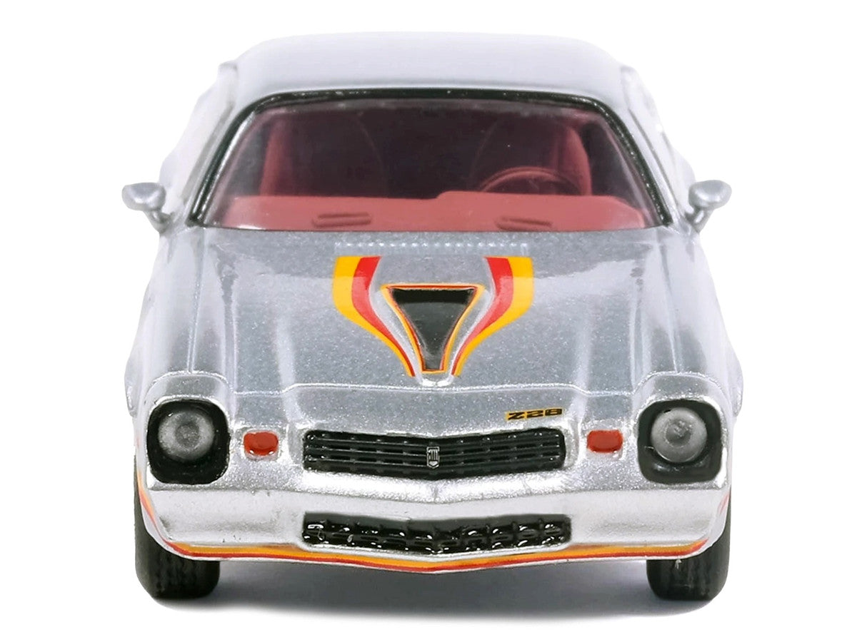 1979 Chevrolet Camaro Z28 Silver Metallic with Stripes and Red Interior 1/64 Diecast Model Car by IXO Models IXO
