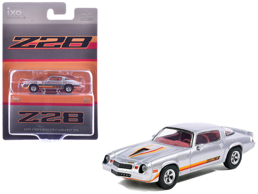 1979 Chevrolet Camaro Z28 Silver Metallic with Stripes and Red Interior 1/64 Diecast Model Car by IXO Models IXO