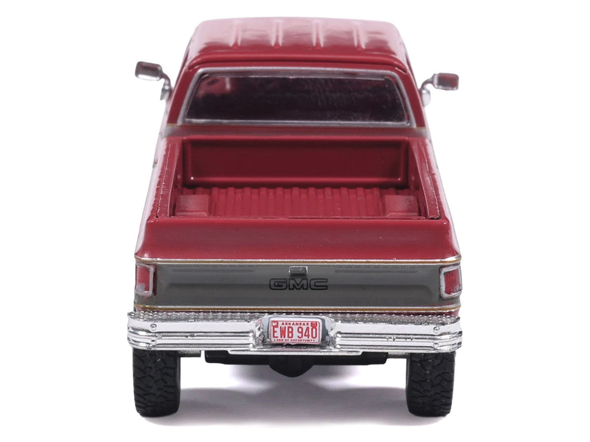 1977 GMC Sierra Grande K2500 Wideside Crew Cab Pickup Truck Dark Red Metallic with Gray Side Stripes 1/64 Diecast Model Car by IXO Models IXO