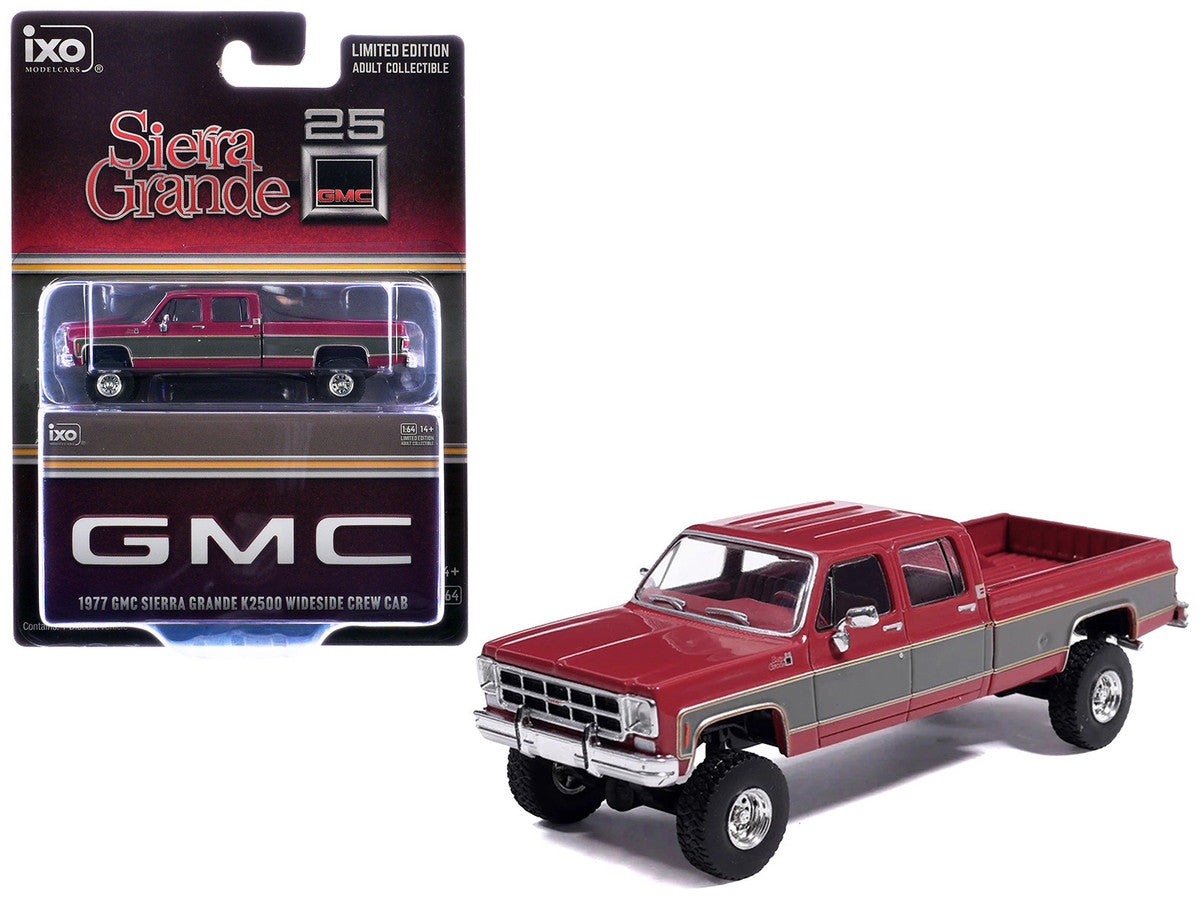 1977 GMC Sierra Grande K2500 Wideside Crew Cab Pickup Truck Dark Red Metallic with Gray Side Stripes 1/64 Diecast Model Car by IXO Models IXO