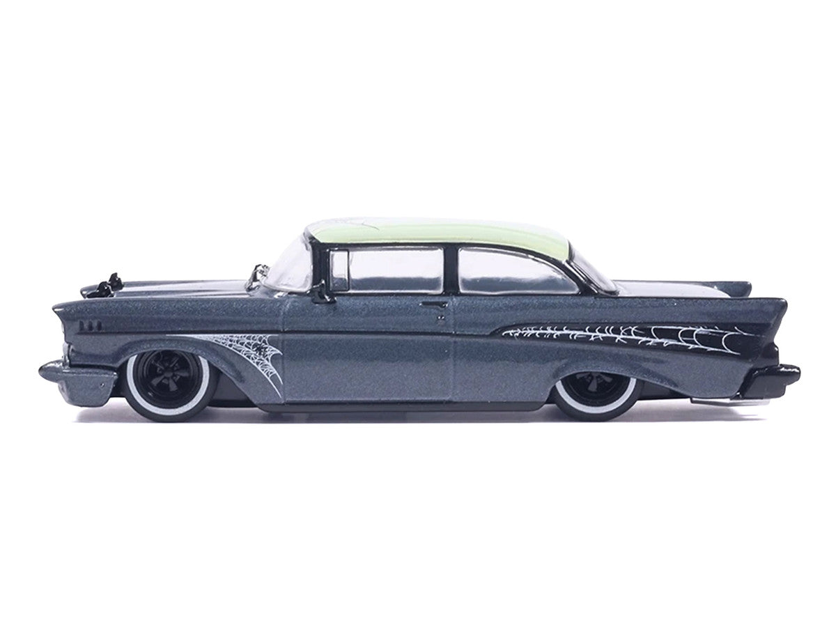 1957 Chevrolet Bel Air Lowrider Gray Metallic with Light Green Top and Halloween Graphics 1/64 Diecast Model Car by IXO Models IXO