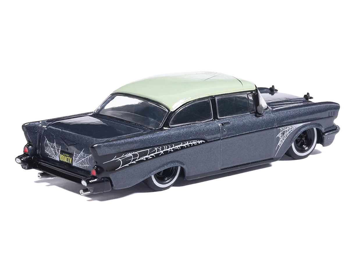 1957 Chevrolet Bel Air Lowrider Gray Metallic with Light Green Top and Halloween Graphics 1/64 Diecast Model Car by IXO Models IXO