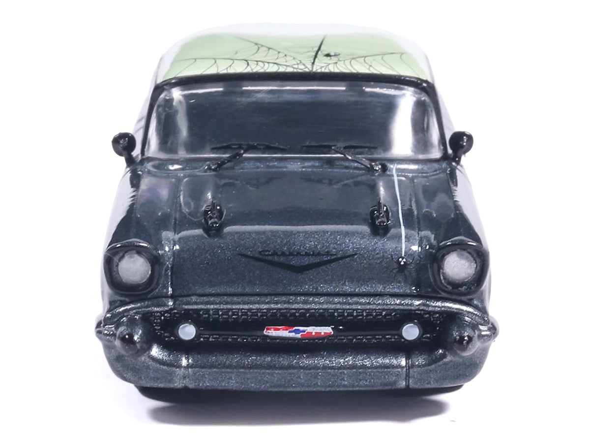 1957 Chevrolet Bel Air Lowrider Gray Metallic with Light Green Top and Halloween Graphics 1/64 Diecast Model Car by IXO Models IXO