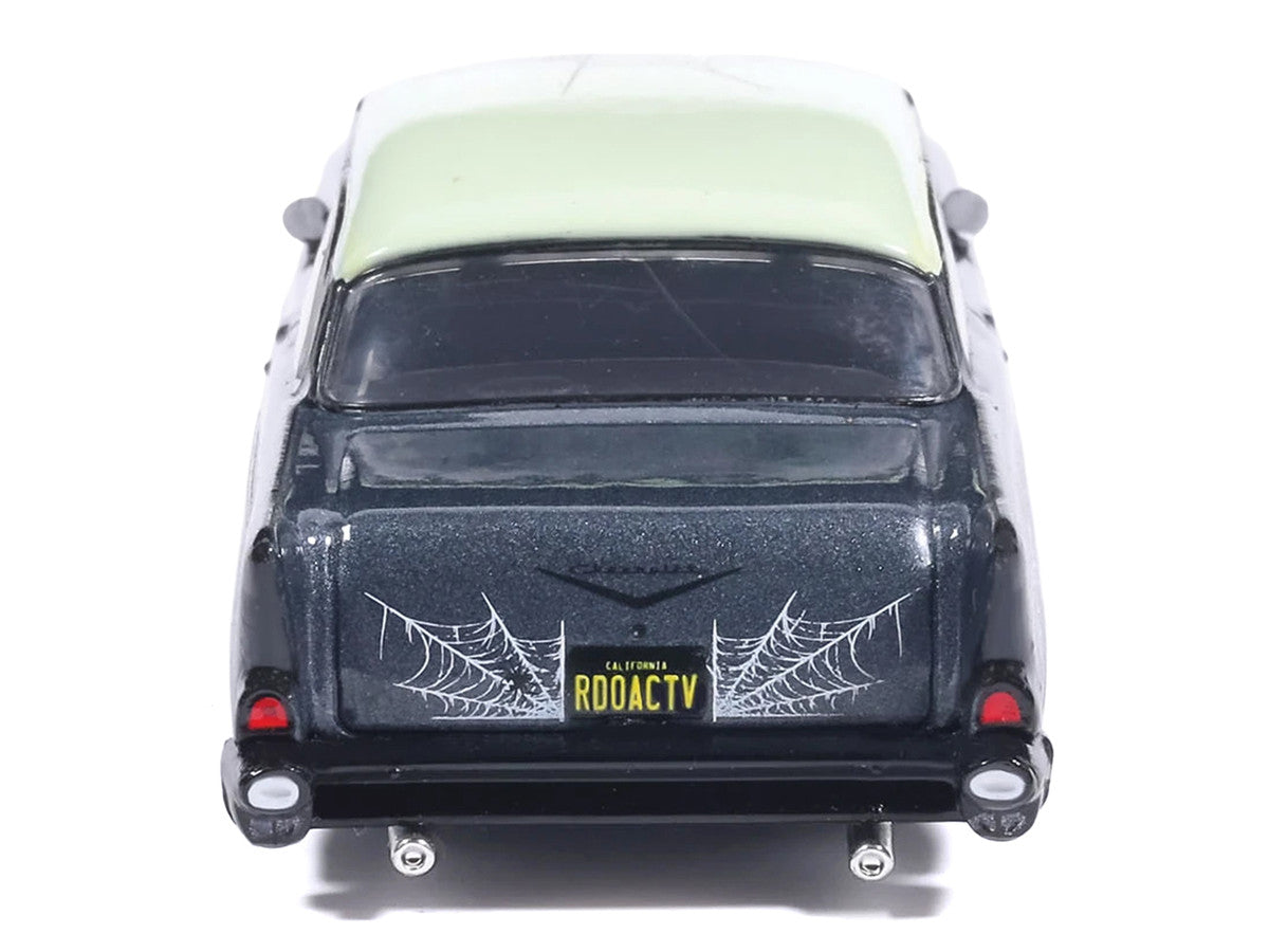 1957 Chevrolet Bel Air Lowrider Gray Metallic with Light Green Top and Halloween Graphics 1/64 Diecast Model Car by IXO Models IXO