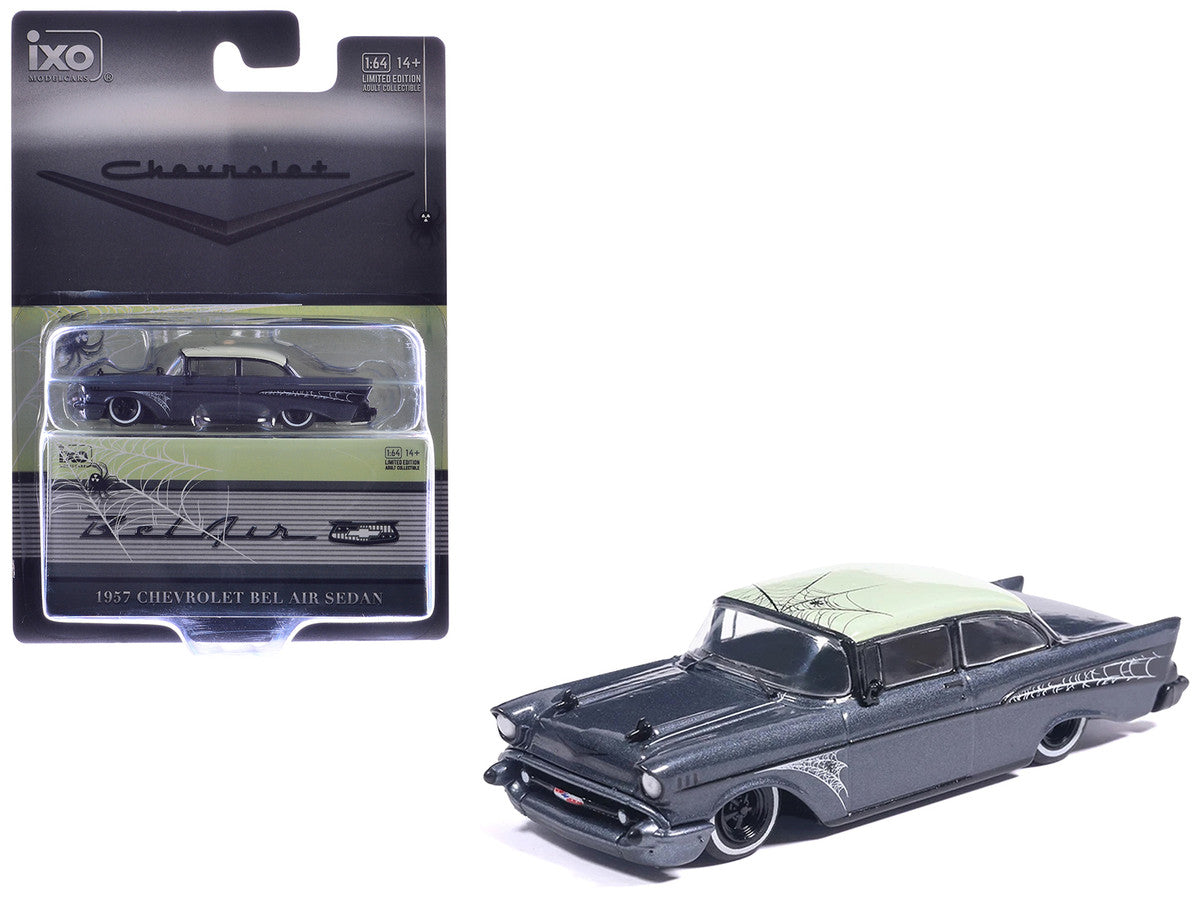 1957 Chevrolet Bel Air Lowrider Gray Metallic with Light Green Top and Halloween Graphics 1/64 Diecast Model Car by IXO Models IXO