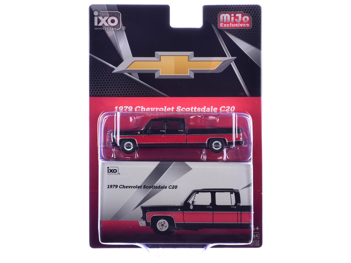 1979 Chevrolet Scottsdale C20 Crew Cab Pickup Truck Black with Red Side Stripes Limited Edition 1/64 Diecast Model Car by IXO Models IXO