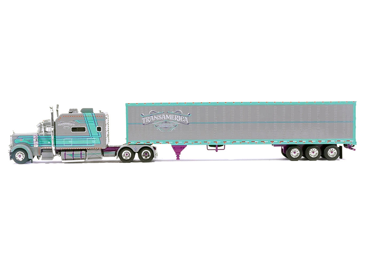 Peterbilt 379 Truck with Sleeper and Dry Goods Trailer "TransAmerica" Gray with Seafoam Green Graphics "J1 Diecast" Series 1/64 Diecast Model by IXO Models IXO