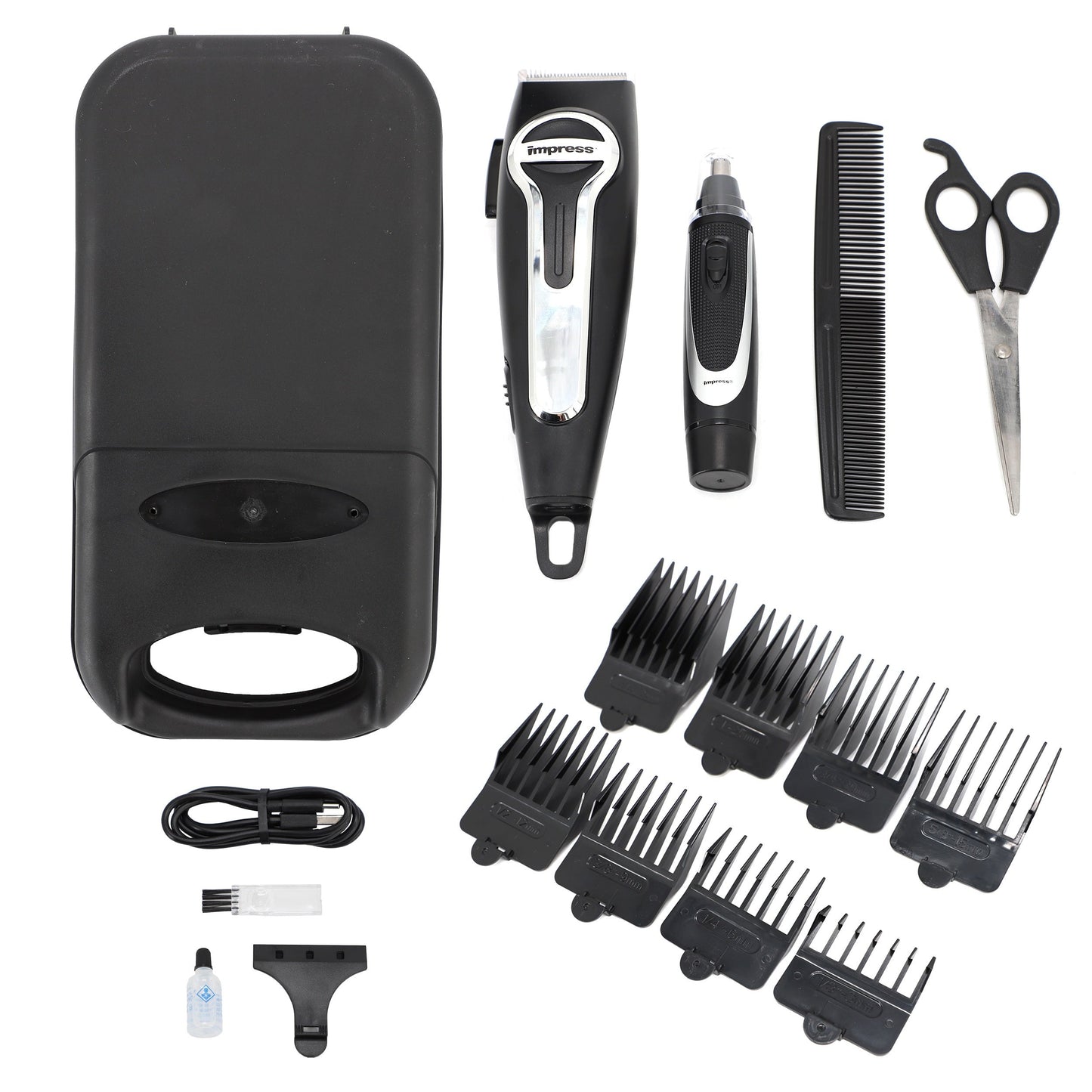 Impress 18 Piece Cordless Rechargeable Hair Cutting Kit and Nose Trimmer with Storage Case W2B
