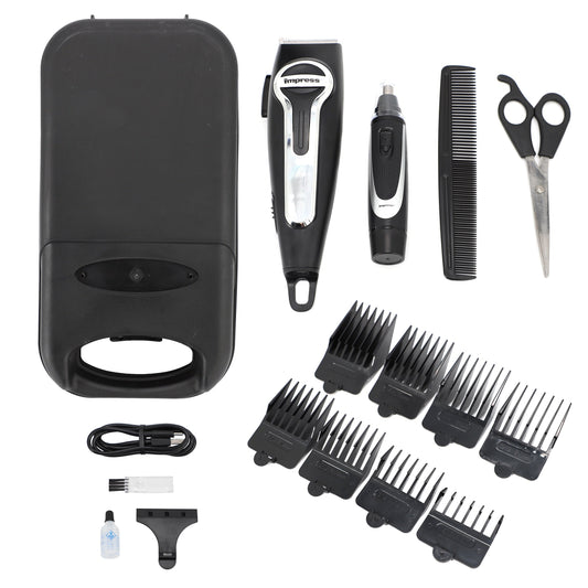 Impress 18 Piece Cordless Rechargeable Hair Cutting Kit and Nose Trimmer with Storage Case W2B