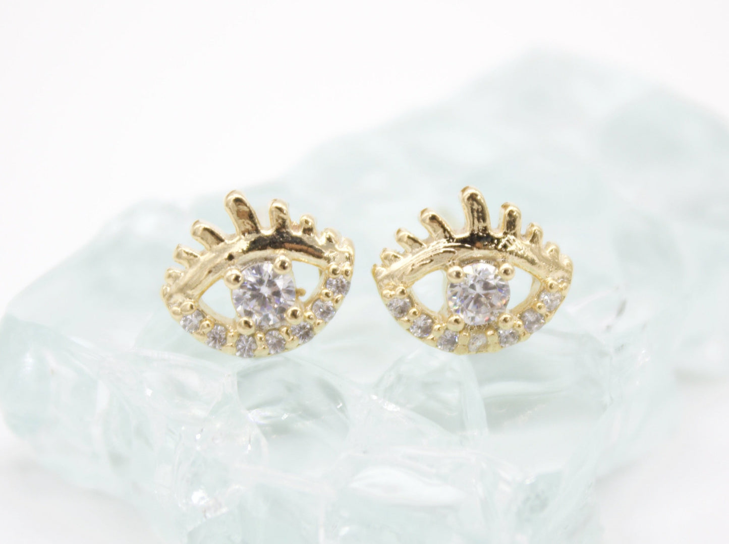 18K Gold Filled Evil Eye Stud Earrings With Clear CZ Stones (L76) MIA Jewelry
