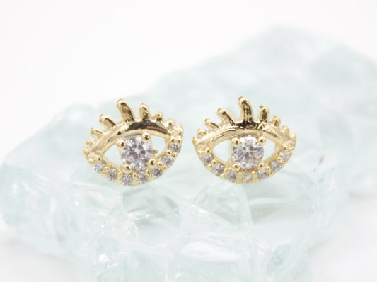 18K Gold Filled Evil Eye Stud Earrings With Clear CZ Stones (L76) MIA Jewelry