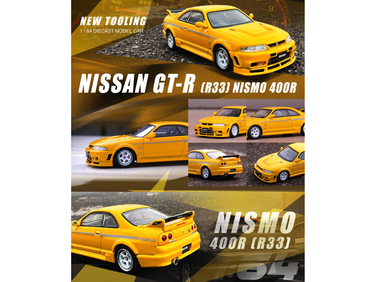 Nissan Skyline GT-R (R33) Nismo 400R RHD (Right Hand Drive) Lightning Yellow with Silver Stripes 1/64 Diecast Model Car by Inno Models Inno Models