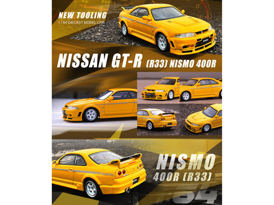 Nissan Skyline GT-R (R33) Nismo 400R RHD (Right Hand Drive) Lightning Yellow with Silver Stripes 1/64 Diecast Model Car by Inno Models Inno Models