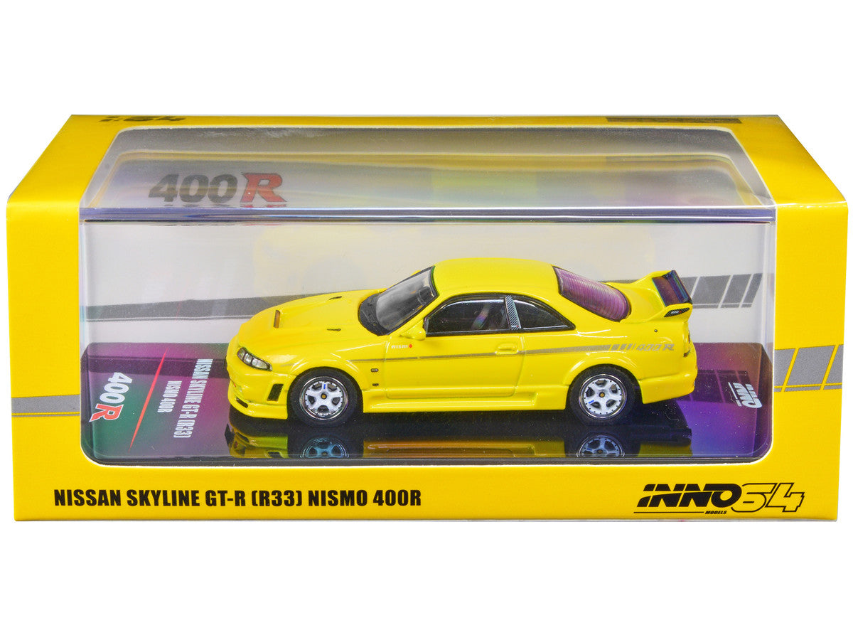 Nissan Skyline GT-R (R33) Nismo 400R RHD (Right Hand Drive) Lightning Yellow with Silver Stripes 1/64 Diecast Model Car by Inno Models Inno Models