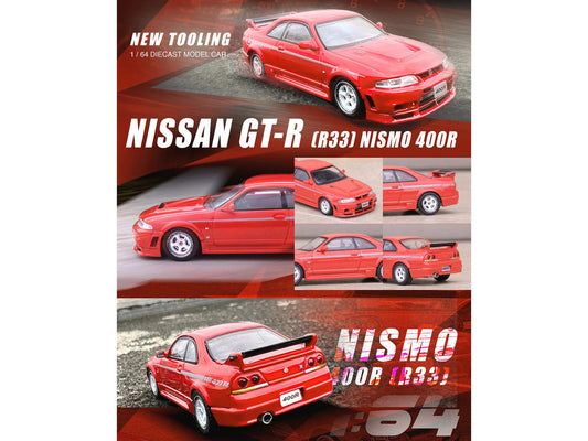 Nissan Skyline GT-R (R33) Nismo 400R RHD (Right Hand Drive) Super Clear Red II with Silver Stripes 1/64 Diecast Model Car by Inno Models Inno Models