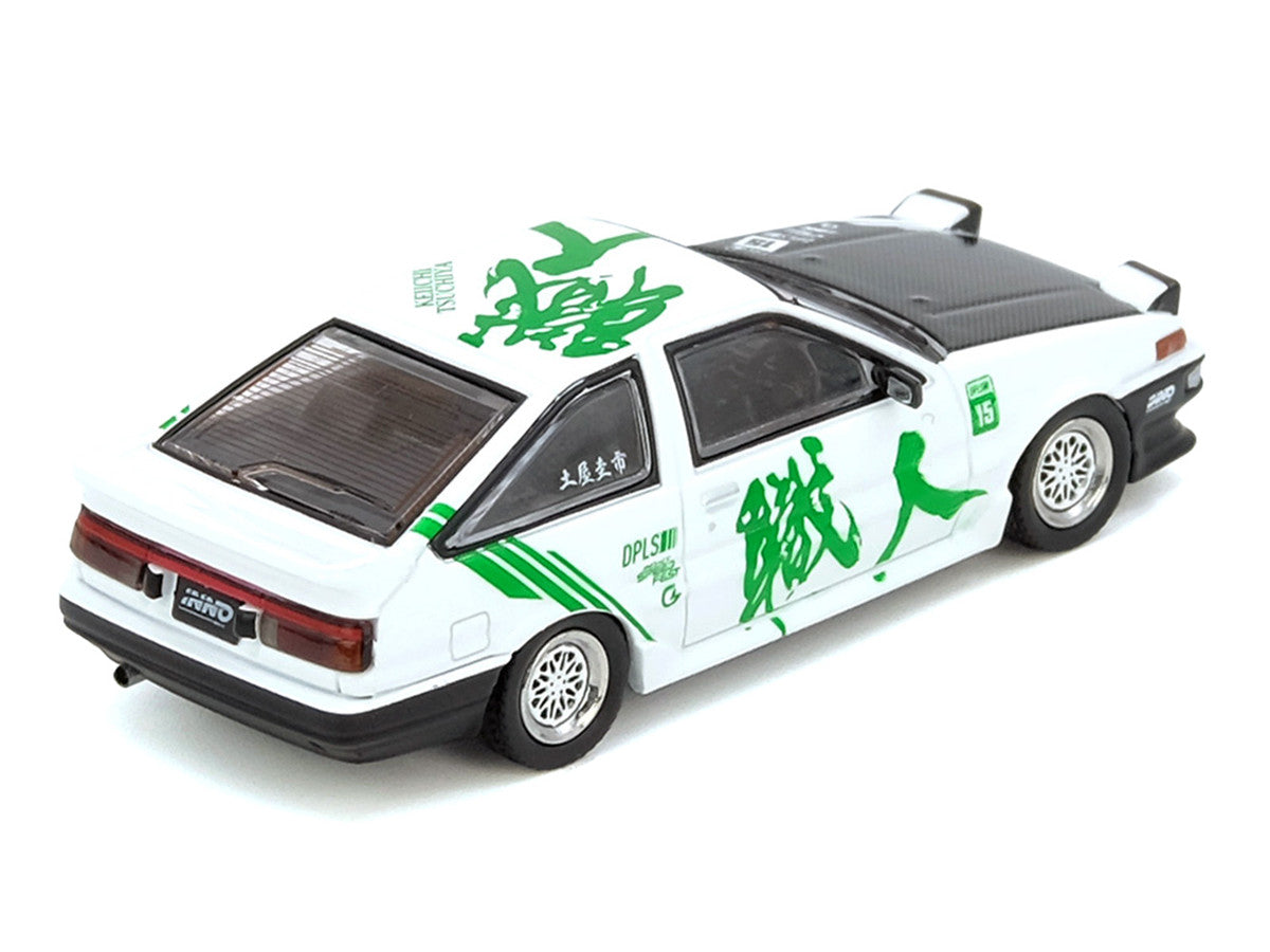 Toyota Sprinter Trueno (AE86) RHD (Right Hand Drive) #15 "Keiichi Tsuchiya" White with Green Graphics 1/64 Diecast Model Car by Inno Models-0