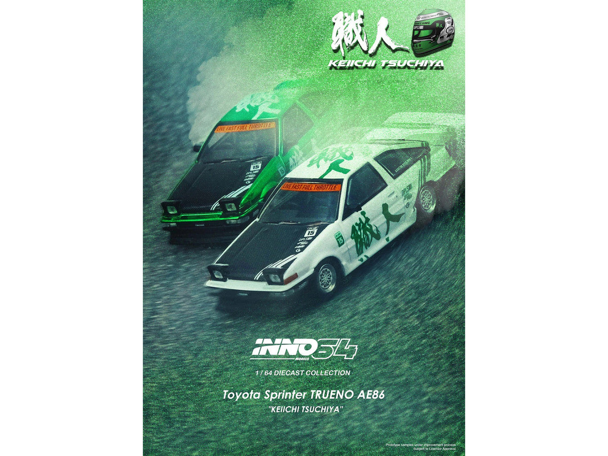 Toyota Sprinter Trueno (AE86) RHD (Right Hand Drive) #15 "Keiichi Tsuchiya" White with Green Graphics 1/64 Diecast Model Car by Inno Models-2
