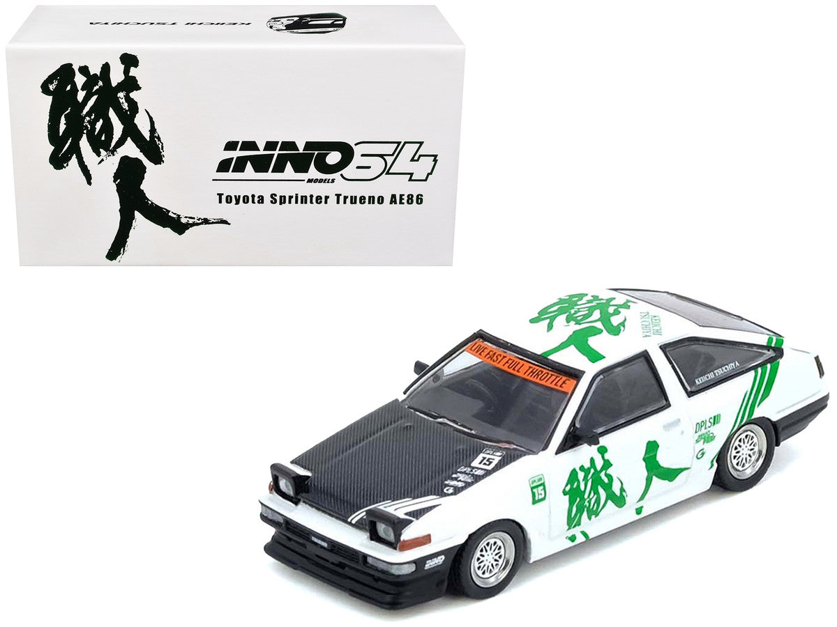 Toyota Sprinter Trueno (AE86) RHD (Right Hand Drive) #15 "Keiichi Tsuchiya" White with Green Graphics 1/64 Diecast Model Car by Inno Models-4