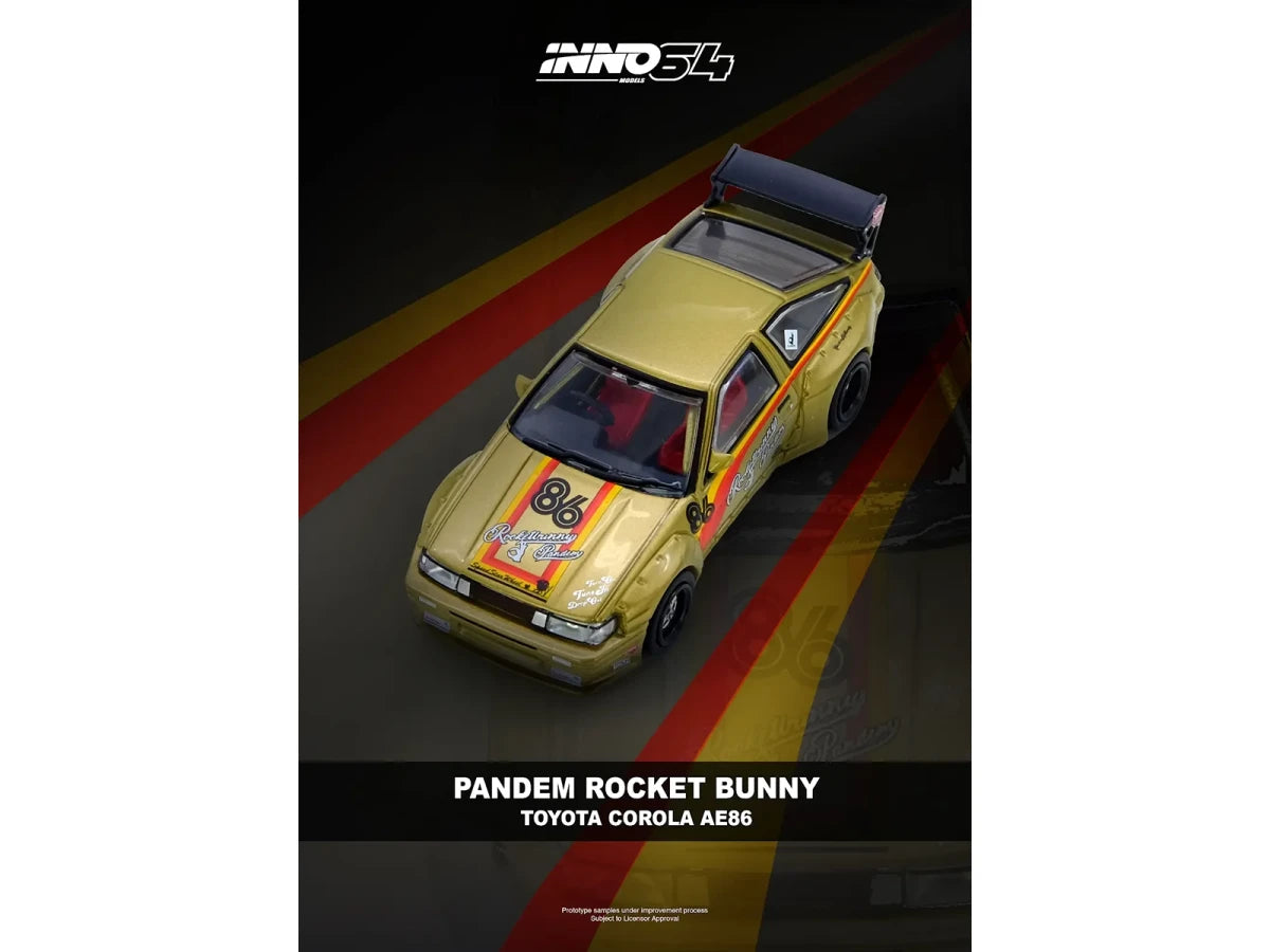 Toyota Levin (AE86) RHD (Right Hand Drive) #86 "Pandem Rocket Bunny" Gold Metallic with Stripes 1/64 Diecast Model Car by Inno Models Inno Models