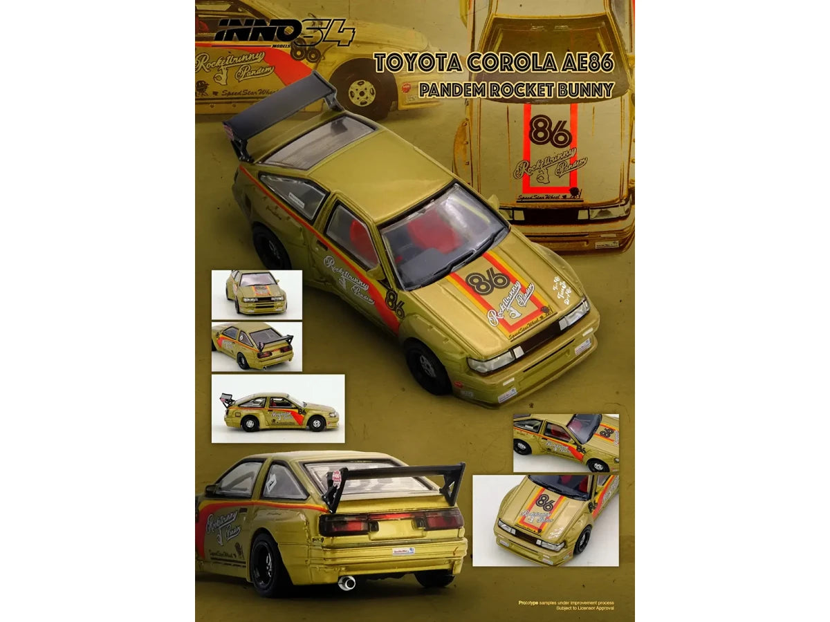 Toyota Levin (AE86) RHD (Right Hand Drive) #86 "Pandem Rocket Bunny" Gold Metallic with Stripes 1/64 Diecast Model Car by Inno Models Inno Models