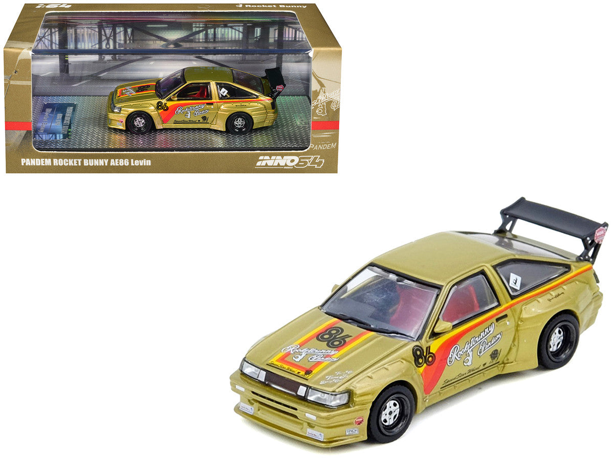 Toyota Levin (AE86) RHD (Right Hand Drive) #86 "Pandem Rocket Bunny" Gold Metallic with Stripes 1/64 Diecast Model Car by Inno Models Inno Models