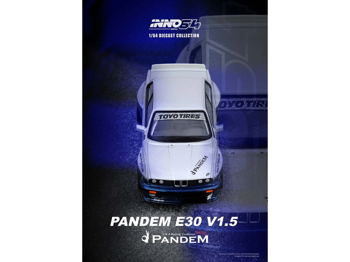 Pandem E30 M3 Silver Metallic and Dark Blue 1/64 Diecast Model Car by Inno Models Inno Models